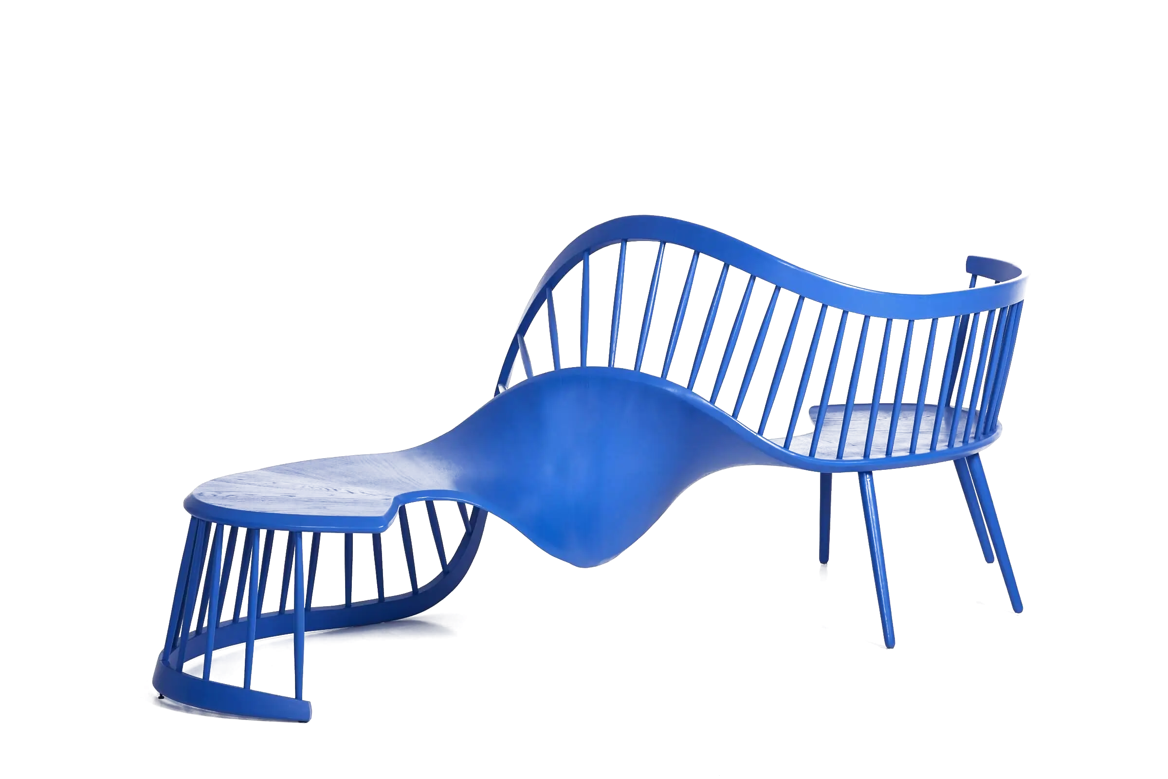 Interdependence II, a spray-painted oak bench, shown across both halves of the page