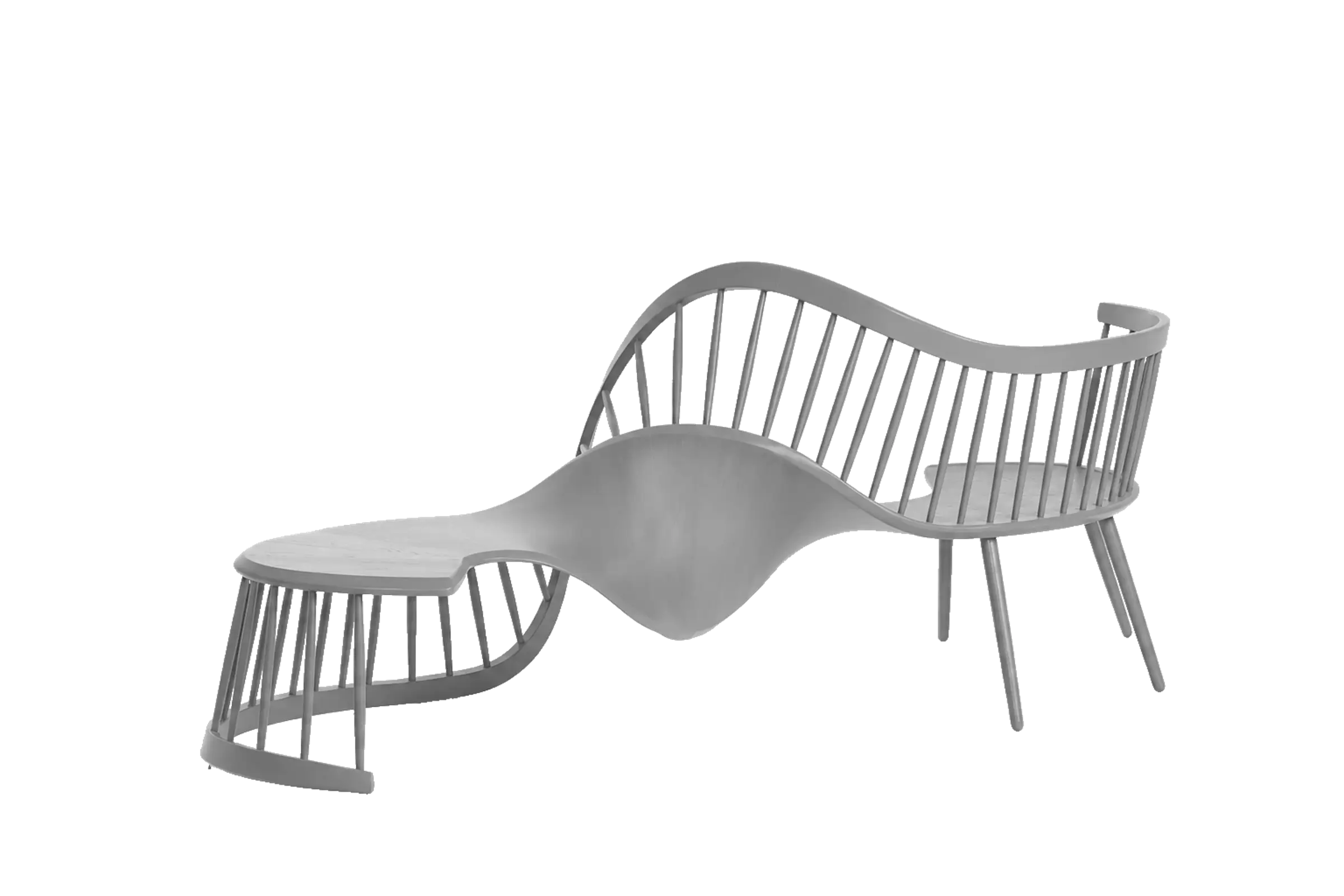The same bench twice: finished on the brand side, as a technical drawing on the factory side